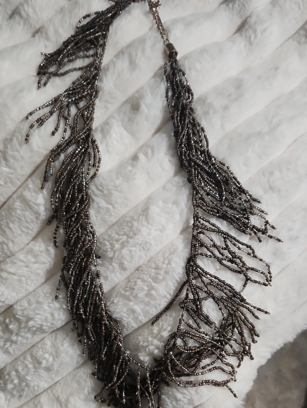 Beaded Fringe Statement Necklace - Black Metallic
